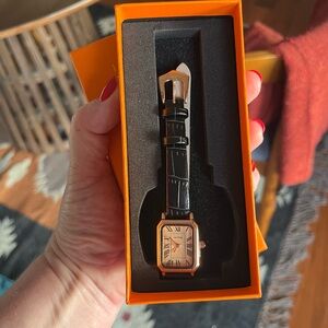 Minimalist Vintage Watch Sapphire Bezel Winder 18k GP Leather